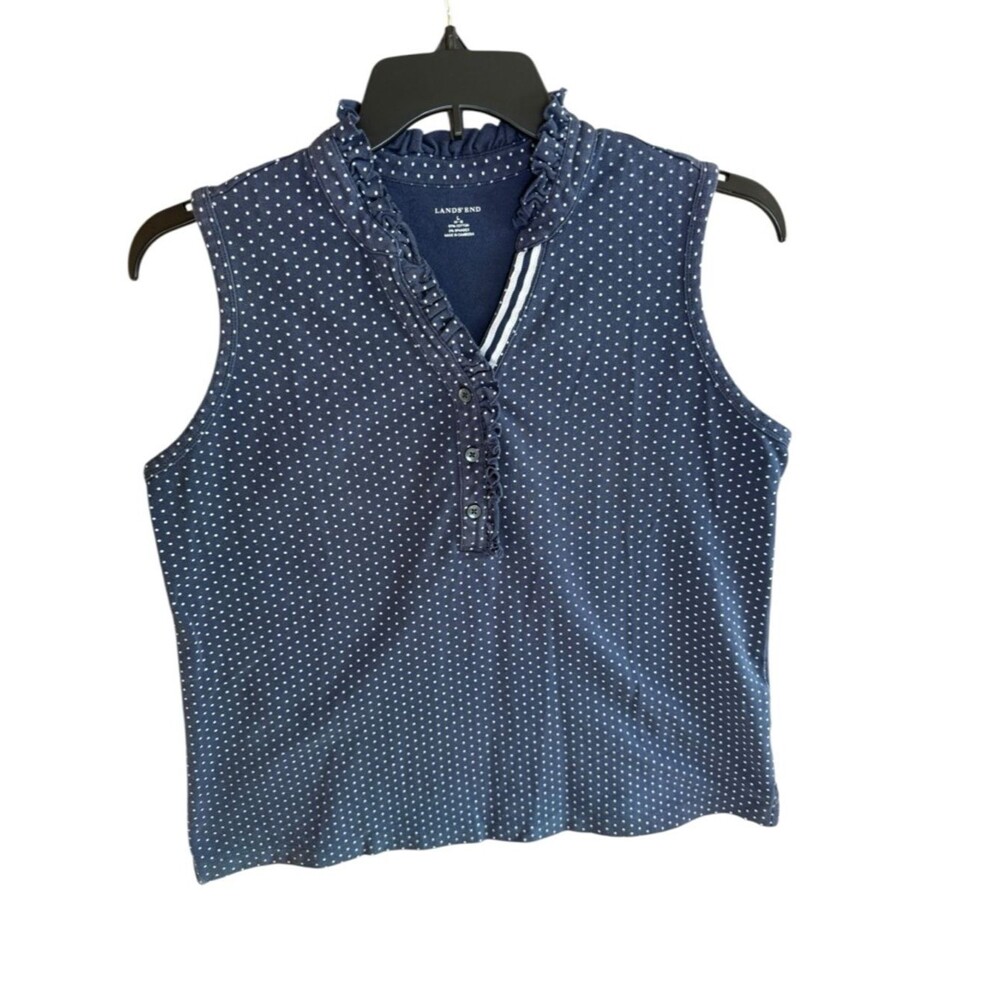 Lands' End Women's Navy Blue Polka Dot Sleeveless Ruffle Neck Polo Top Size L